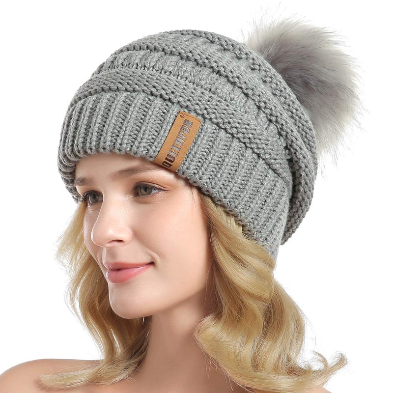 QUEENFUR Women Knit Slouchy Beanie Chunky Baggy Hat with Faux Fur Pompom Winter Soft Warm Ski Cap - Image 2